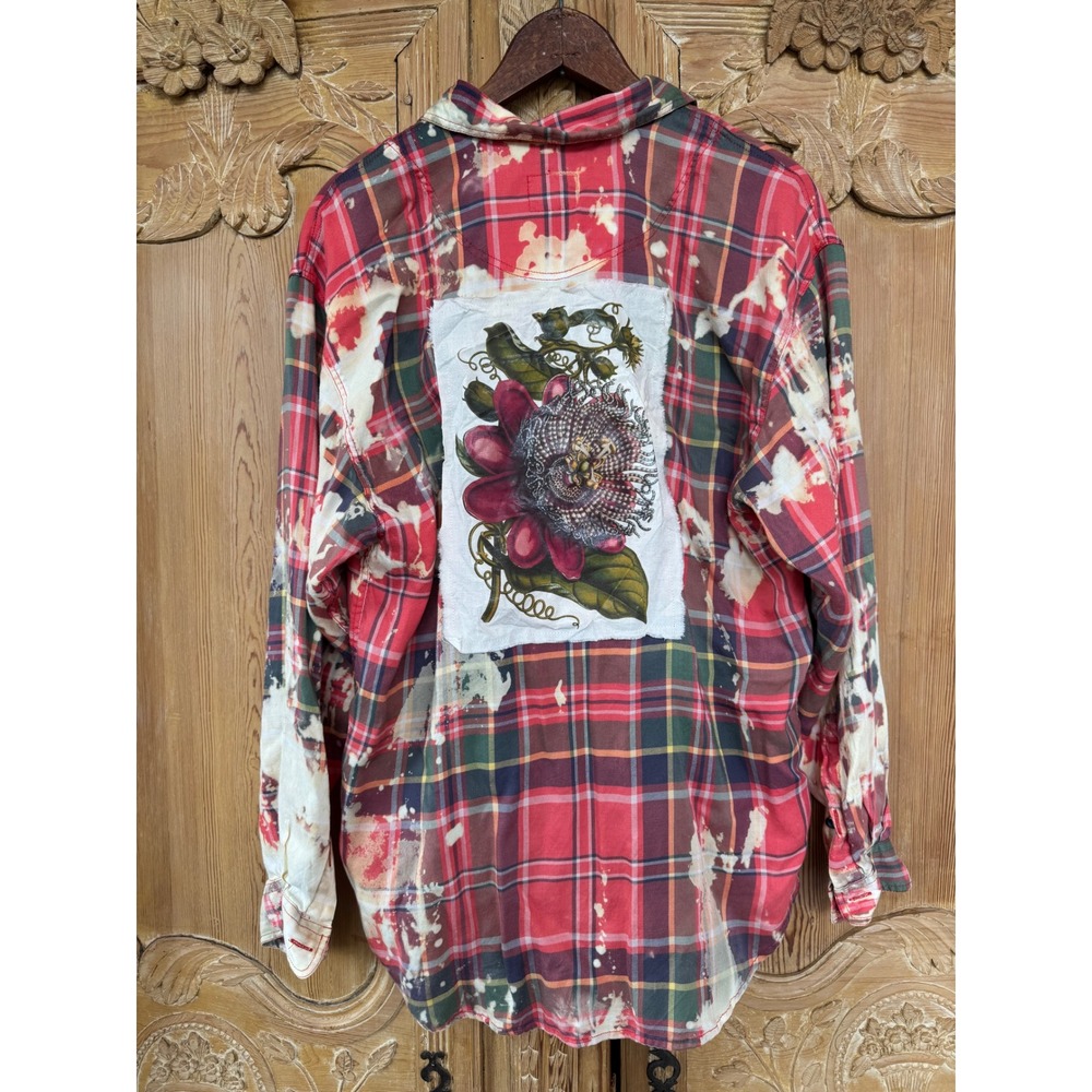 Upcycled Floral Flannel Shirt Rayon Bleach Art Medium Boho - Picture 5 of 8